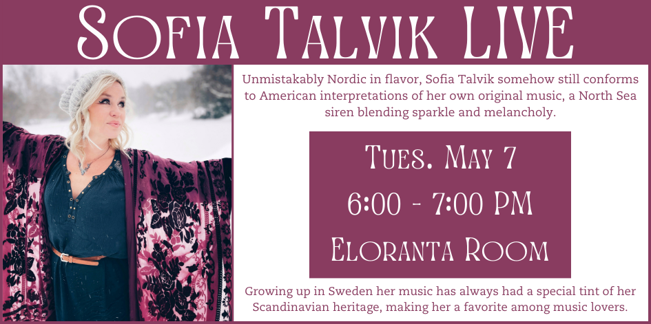 Sofia Talvik – Americana / Folk With Swedish Roots TUESDAY, MAY 76:00—7:00 PM Eloranta RoomForbush Memorial Library118 Main St, Westminster, MA, 01473 Unmistakably Nordic in flavor, Sofia Talvik somehow still conforms to American interpretations of her own original music, a North Sea siren blending sparkle and melancholy. A veteran performer with 9 full length albums as well as numerous EPs, singles and tours behind her. Growing up in Sweden her music has always had a special tint of her Scandinavian heritage, making her a favorite among music lovers.  Primarily a live artist, Talvik has taken her music across Europe and through 48 U.S. states, riding in her 1989 Winnebago Warrior with her husband at the wheel, digging deep into the American sound and channeling it through her Nordic roots to create a singular brand of Americana. So please be sure to join us for what promises to be a spectacular evening!