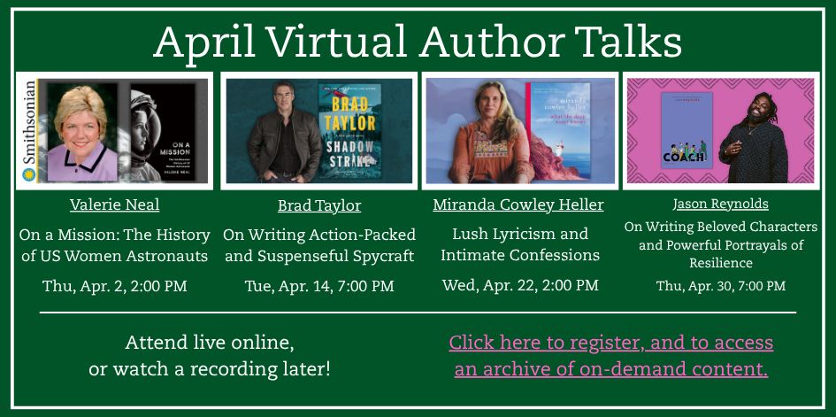 Images of four authors with info about online author talks. Click the image to go to the site with full info.