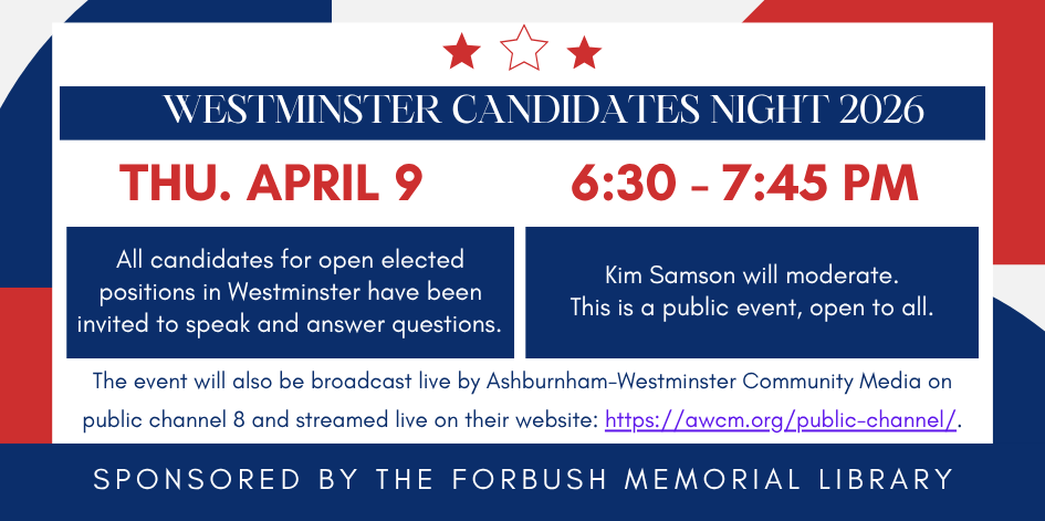 Candidates Night. April 9 2026. Candidates for town offices will be here. Moderated by Kim Samson. 6:30 PM.