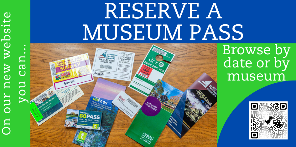 Image of miscellaneous museum passes. Text reads on our new website you can reserve a museum pass. Browse by museum or by date.