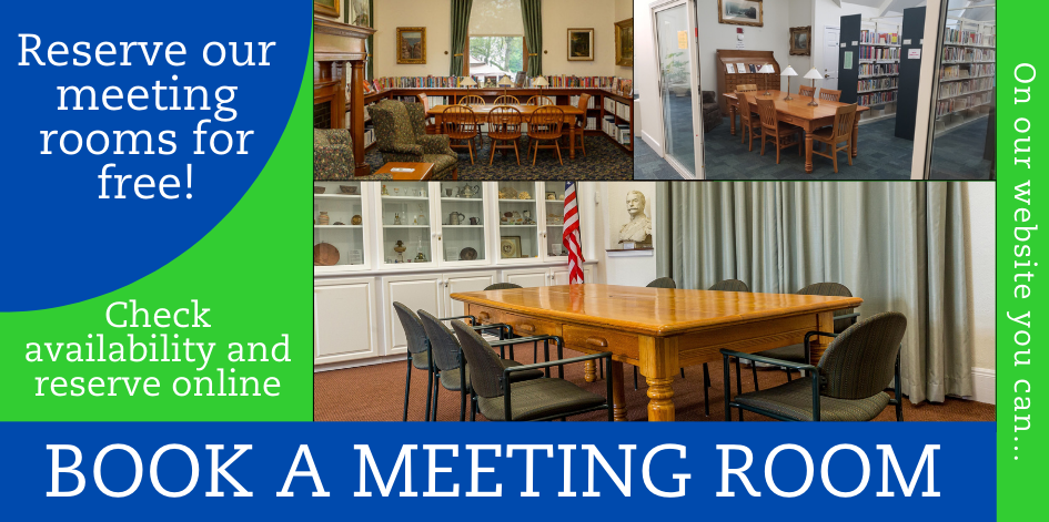 Images of three meeting rooms available in the library. Text reads reserve one of our meeting rooms for free! Check availability and reserve online.