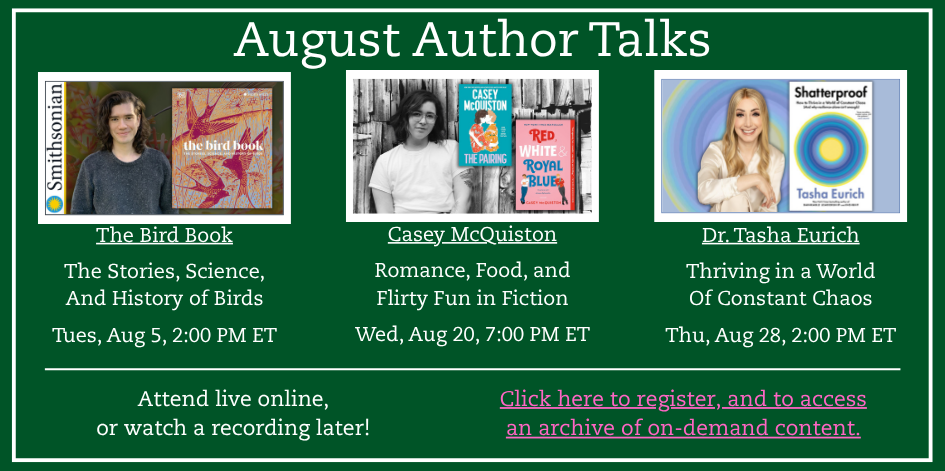 August Author Talks. Images of three authors next to their books. All details available at the linked website.
