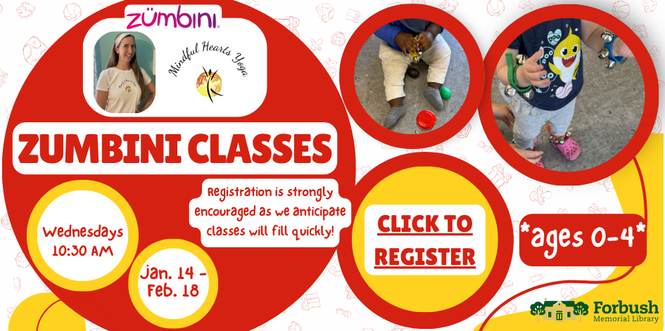 Zumbini classes. Wednesdays at 10:30. January 14 through February 18. Registration recommended. Click to sign up.