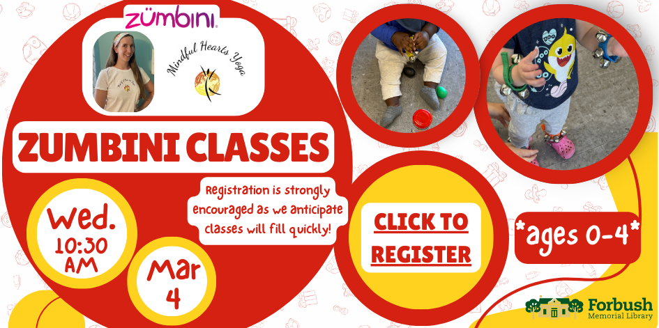 Zumbini classes. Wednesdays at 10:30. January 14 through March 4. Registration recommended. Click to sign up.