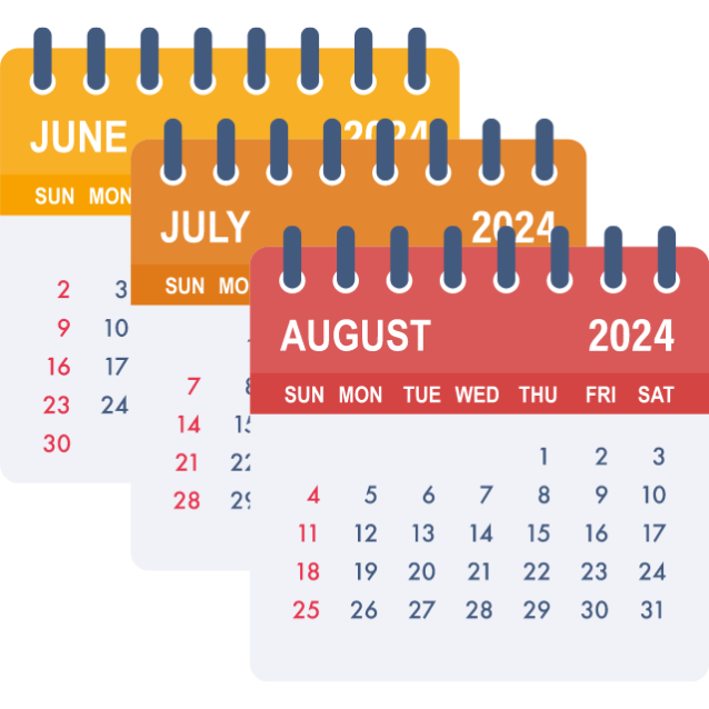Graphic of calendars for June, July, and August 2024